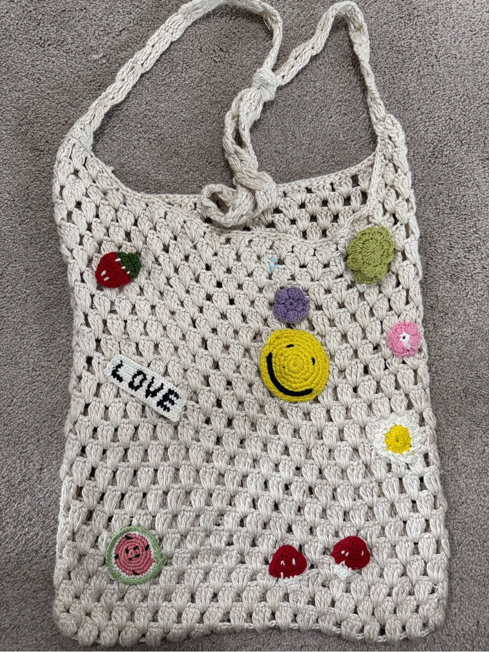Crochet Ivory Mesh Tote Bag with Colorful Appliqués